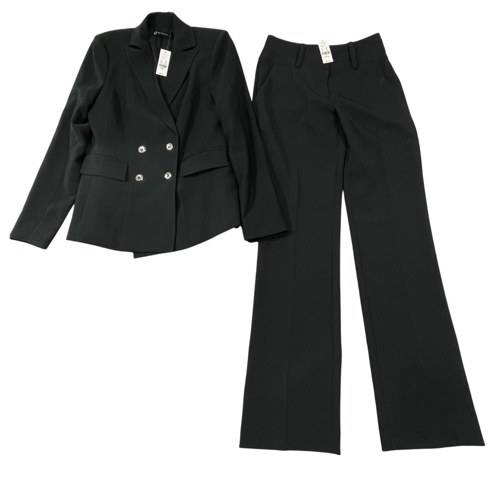 NWT NY&C Black Double Breasted Blazer and Flare Leg Pants Suit Set Small 2 Avg